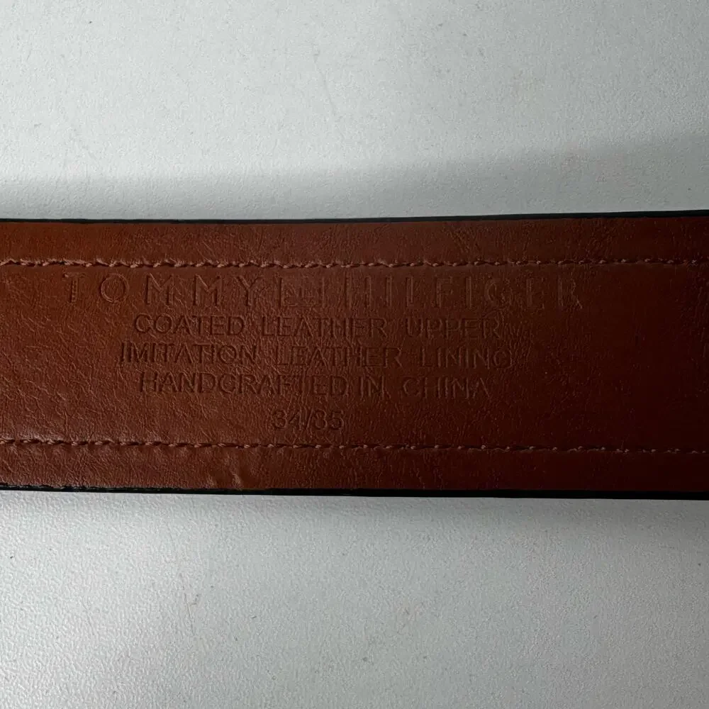 Tommy Hilfiger Brown Leather Belt Silver Buckle Logo Size 34